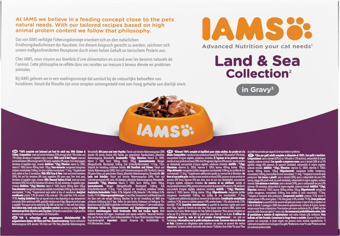 IAMS Delights Land & Sea Collection Nourriture humide pour chats - Assortiment de viande et de poisson multipack en sauce, nourriture humide pour chats de 1 an et plus, 12 x 85 g