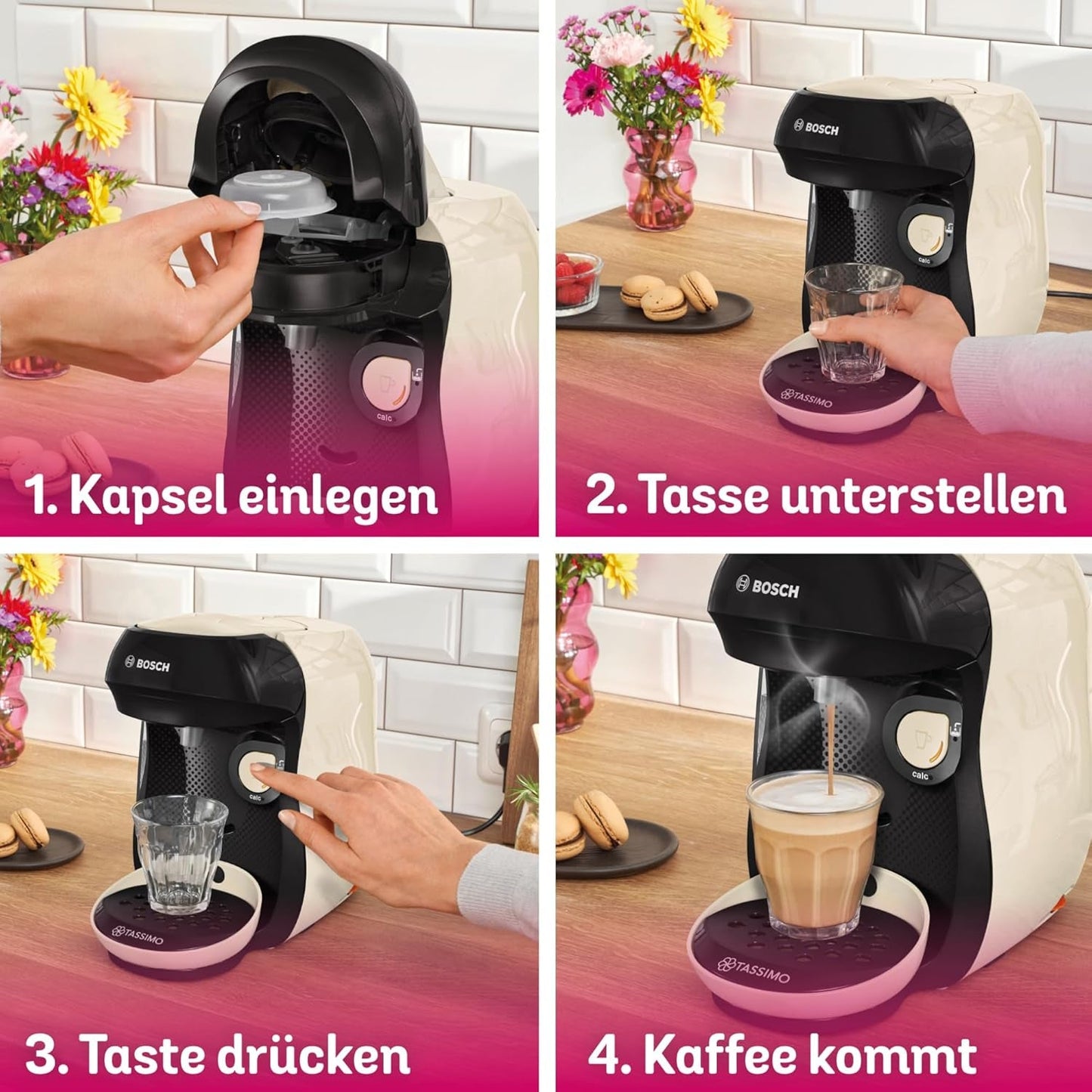 Bosch Tassimo Happy Friendly TAS107E Machine à expresso à capsules, plus de 70 boissons, convient à toutes les tasses, arrêt automatique, durable, dosage parfait, gain de place, 1400 W, crème/noir