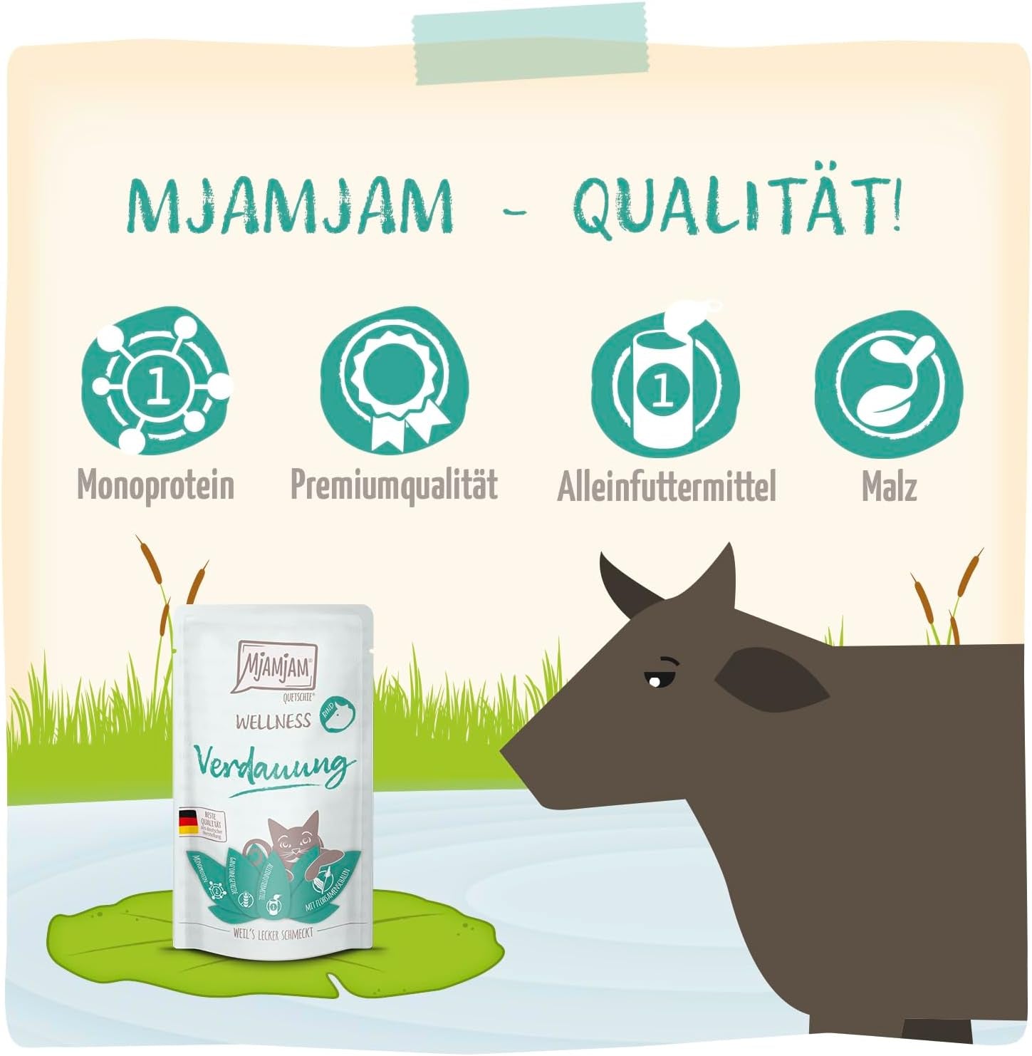 MjAMjAM - Nourriture humide premium pour chat - Bien-être - Digestif - Bœuf, Pack de 12 (12 x 125g), Sans céréales