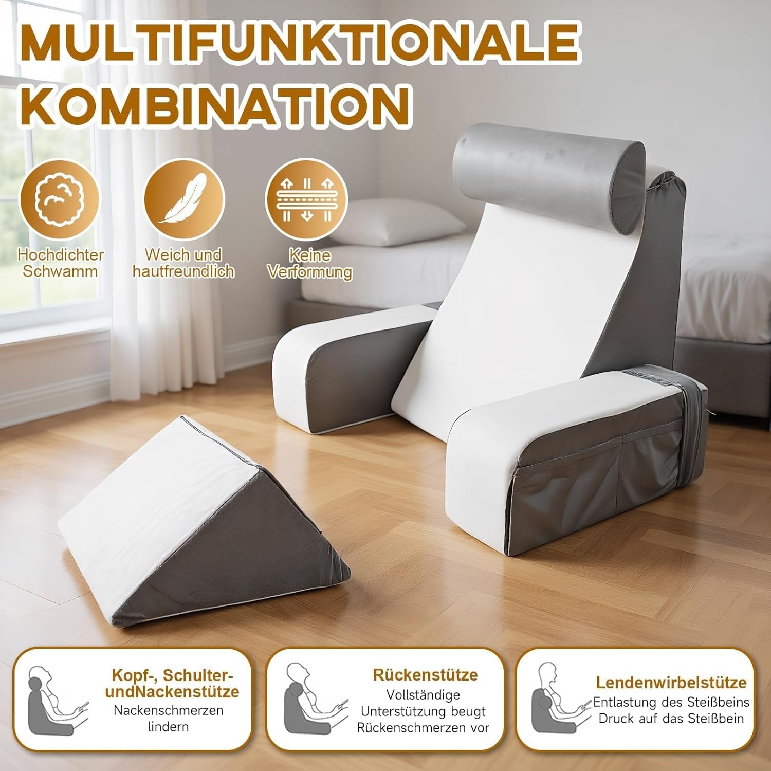 Oreiller de lecture avec support de cou et accoudoirs amovibles, oreiller de dos confortable et léger pour lit et canapé, oreiller de dos pour adultes, dossier en mousse à mémoire de forme pour lire, regarder la télévision et les jeux vidéo