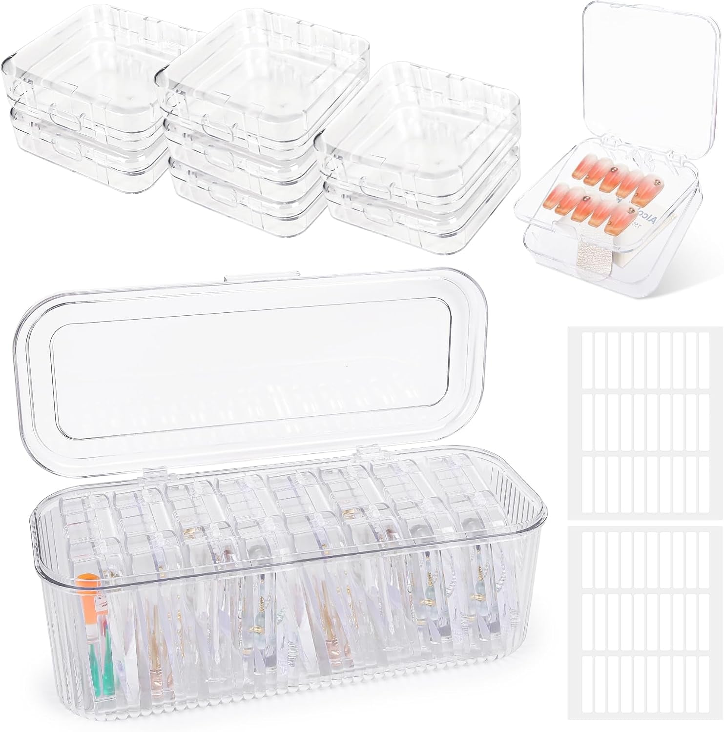 INMORVEN Coffret de rangement pour ongles – 14 boîtes transparentes + 1 grande boîte et 60 disques adhésifs – Idéal pour ranger les faux ongles, les accessoires pour ongles en gel et le vernis à ongles (14 pièces en une couche)