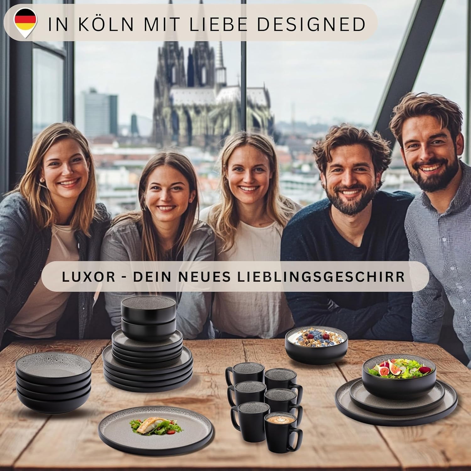 SÄNGER Louxor | Service de table en grès, 18 pièces, service d'assiettes pour 6 personnes, service de table (6 assiettes plates, 6 bols à céréales, 6 assiettes à dessert), vaisselle marron-beige résistante aux rayures | LA COLLECTION VALEUR