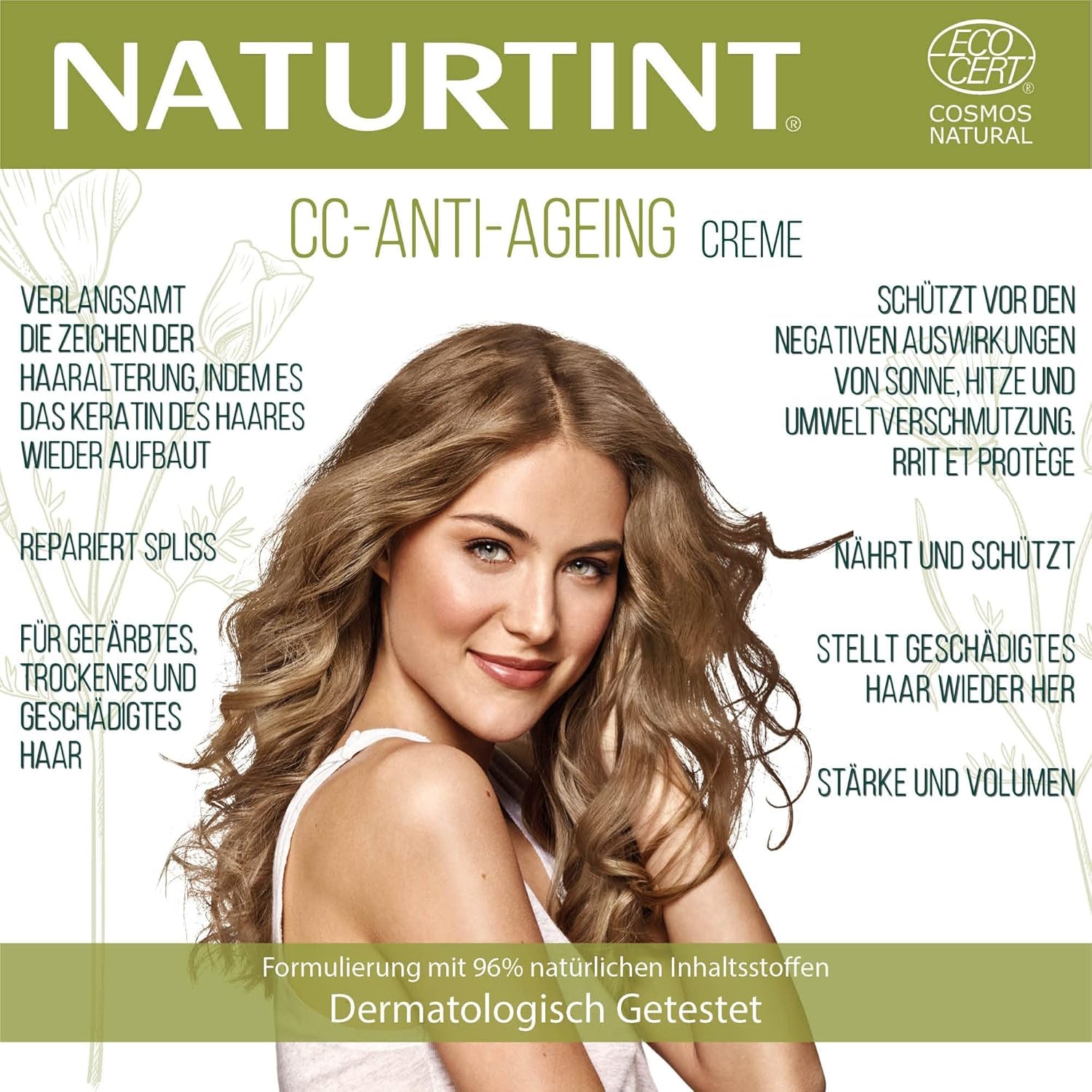 Crème CC teinte naturelle. Masque capillaire sans rinçage. Pour cheveux secs et abîmés. Répare et hydrate. 96% d'ingrédients naturels. Masque capillaire Naty Shop 200 ml