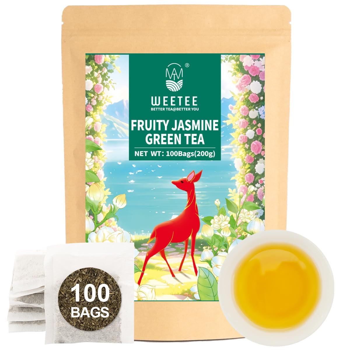 WEETEE Sachets de thé vert, 100 sachets de thé vert, thé vert pur, super antioxydant | Sachets refermables | Préparation chaude ou froide