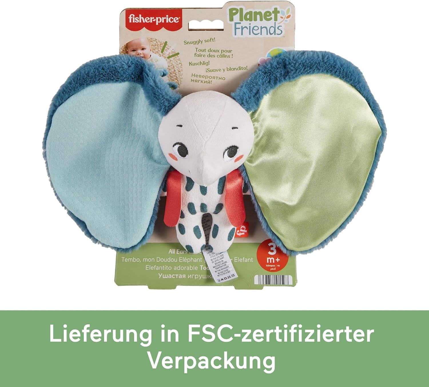 Fisher-Price Giant Ear Elephant - Adorable peluche douce avec de très grandes oreilles, composée à 90 % de plastique recyclé et emballage certifié FSC, pour bébés de 3 mois et plus, HKD63 Bebe Toys Naty Shop