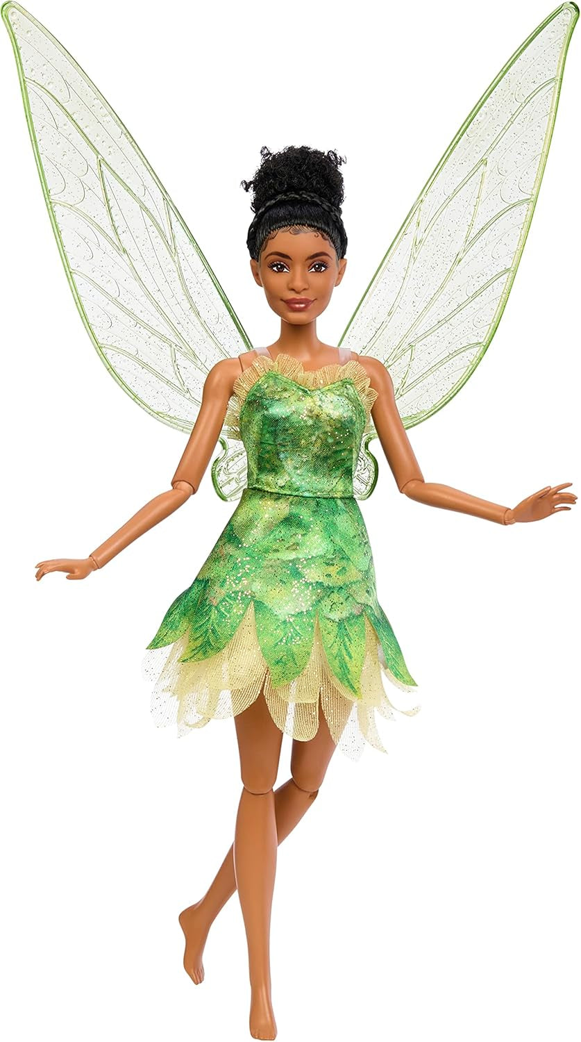 Disney Peter Pan et Wendy Fée Clochette Poupée avec ailes mobiles et robe verte inspirée du film, cadeau pour les enfants pour reconstituer des scènes ou leurs propres aventures HNY37
