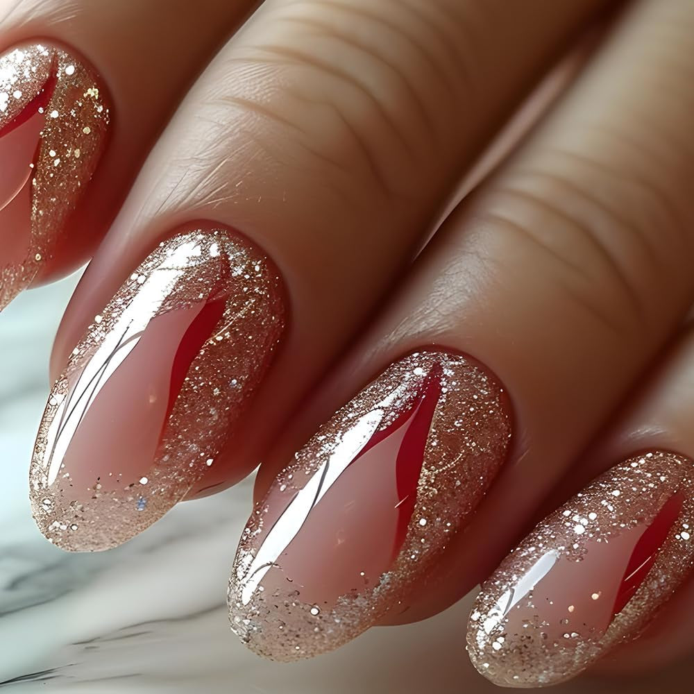 Faux ongles à pression courte, 24 pièces, paillettes dorées, colle sur rouge, ensemble d'ongles adhésifs, accessoires en acrylique pour femmes