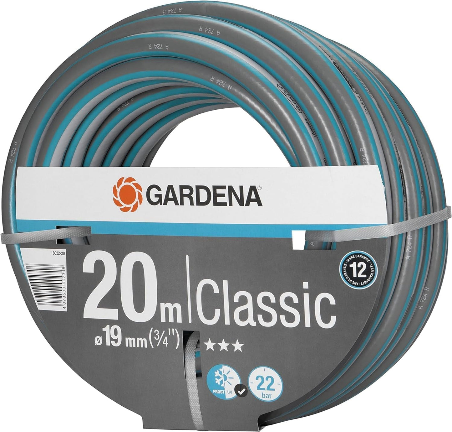 Tuyau Gardena Classic 19 mm (3/4"), 20 m : Tuyau d'arrosage universel en tissu robuste, tissé en croix, pression d'éclatement de 22 bars, résistant aux UV, sans composants du système, garantie 12 ans (18022-20)