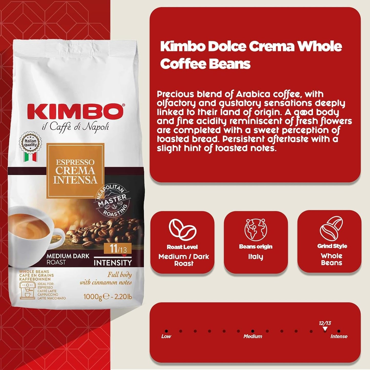 Espresso Crema Intesa, 6 grains de café x 1 kg, mélange corsé et intense, intensité 11/13, torréfaction moyenne, 6 paquets de 1 kg chacun