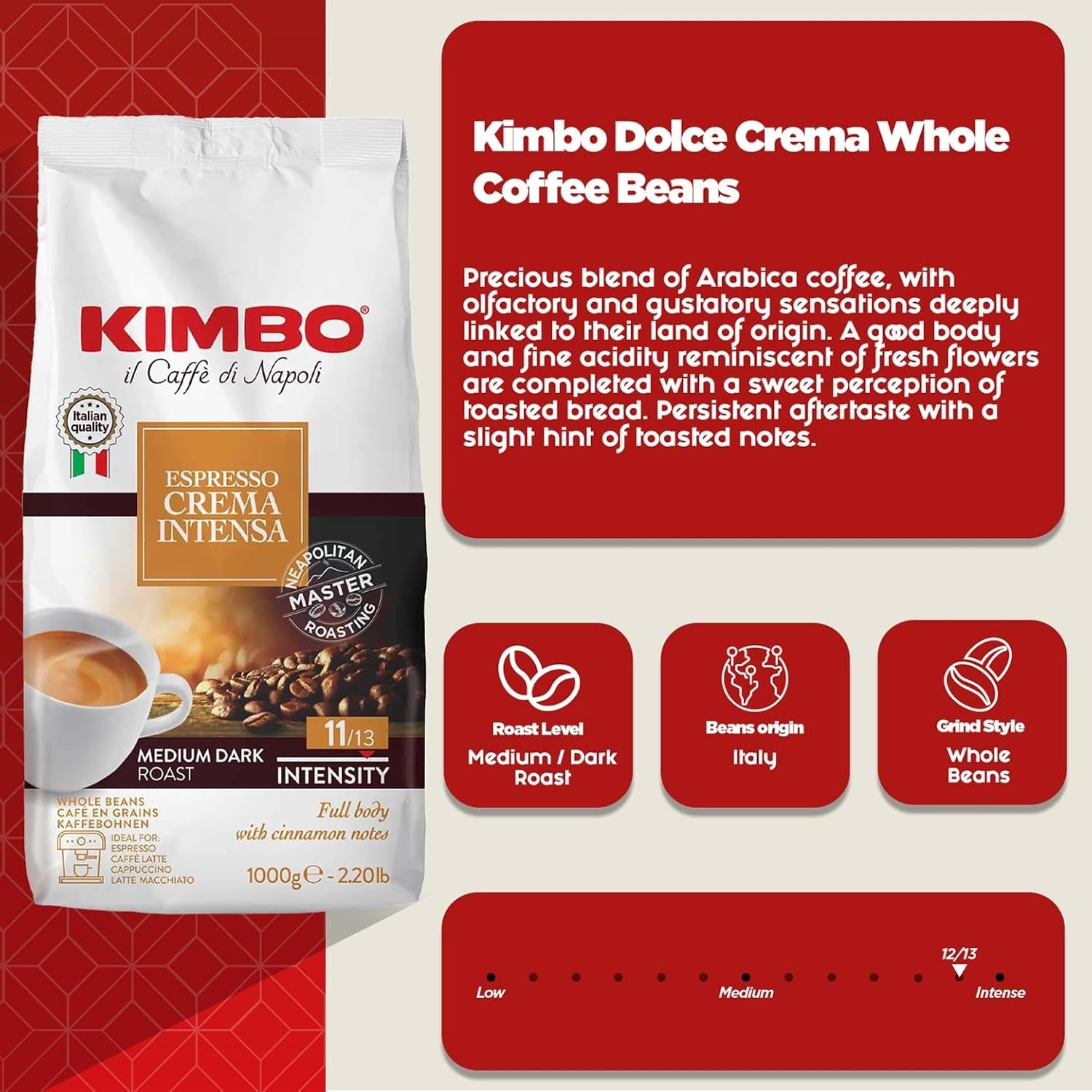 Espresso Crema Intesa, 6 grains de café x 1 kg, mélange corsé et intense, intensité 11/13, torréfaction moyenne, 6 paquets de 1 kg chacun