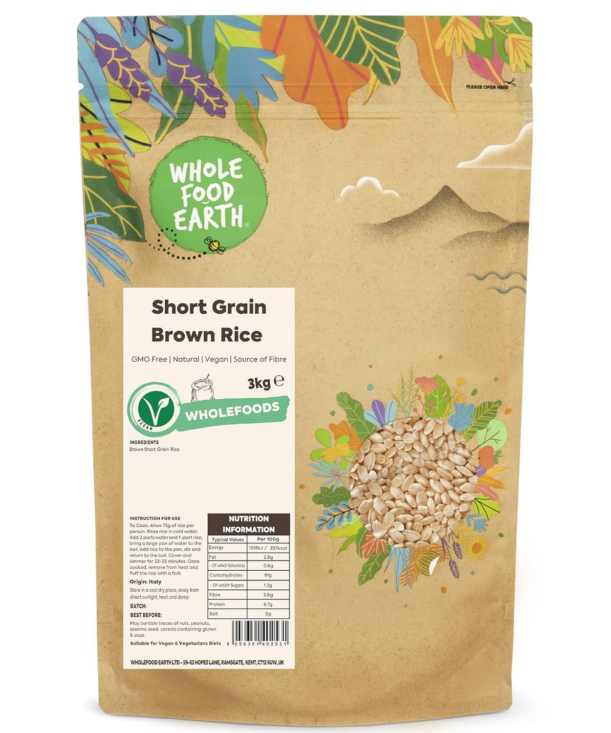 Riz brun à grains courts Wholefood Earth - sans OGM - naturel - végétalien - sans produits laitiers - sans sucre ajouté, 3 kg