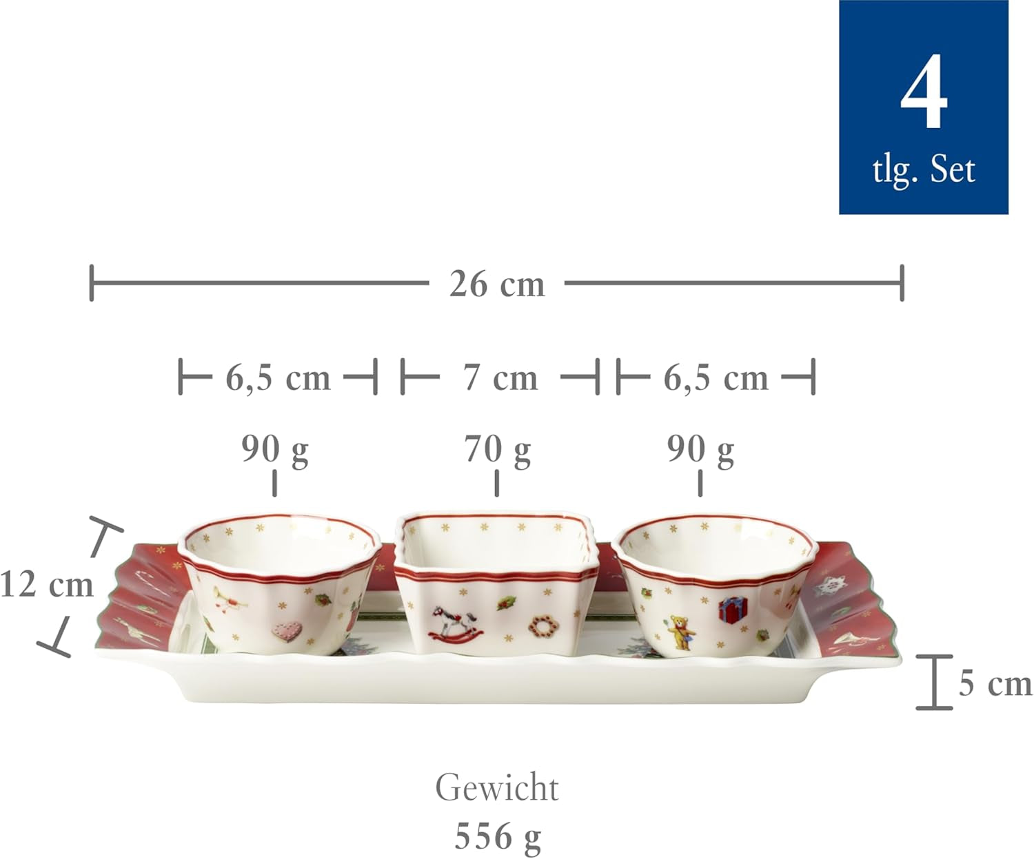 Villeroy & Boch - Service à sauce Toy's Delight, 4 pièces, plateau de service avec bols, ensemble de bols à sauce de Noël, décoration de table jouet, plateau de service, bols, vaisselle de Noël, porcelaine premium