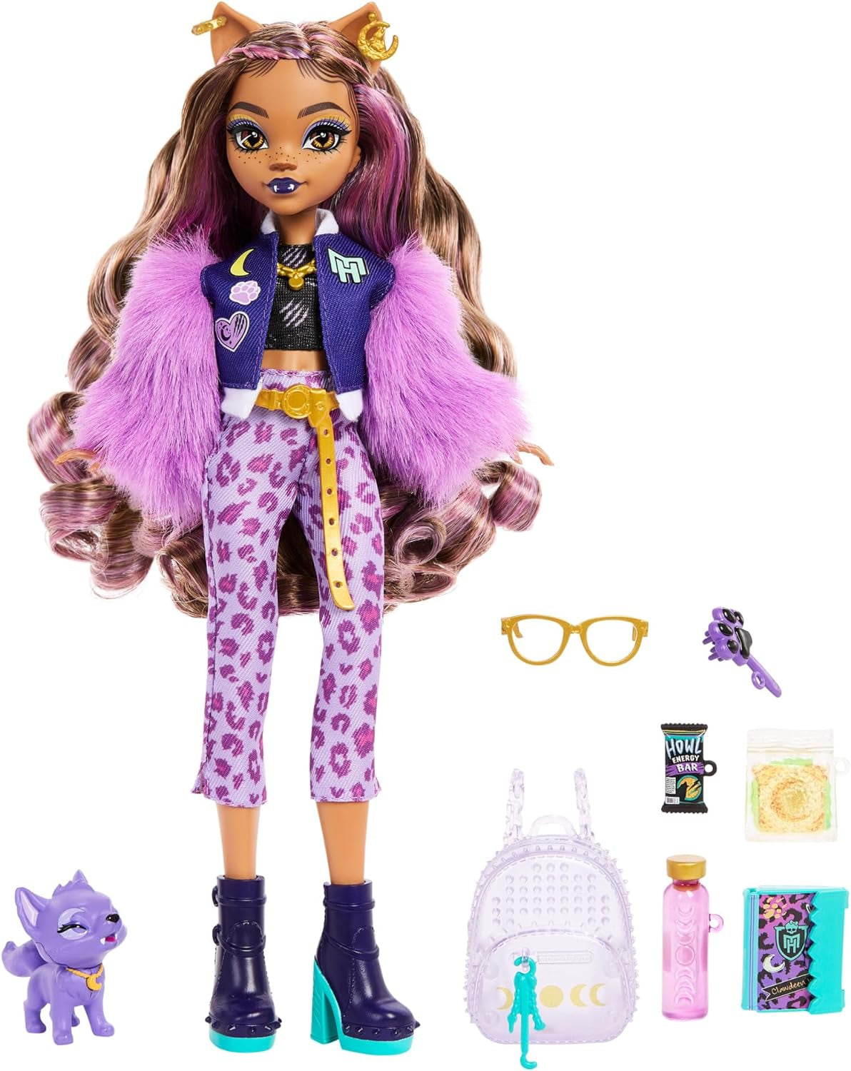 Poupée Monster High Clawdeen Wolf avec Crescent Dog et accessoires comme un sac à dos, un calendrier, des collations et plus encore, HRP65 Naty Shop Dolls