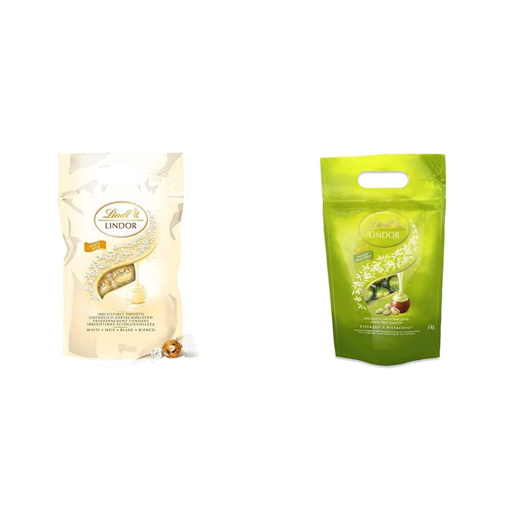 Boules de chocolat blanc LINDOR, 1 kg et LINDOR | Sac refermable de 1 kg | env. 80 boules de chocolat au lait fourrées à la menthe | Colis vrac, cadeau praliné, cadeau chocolat