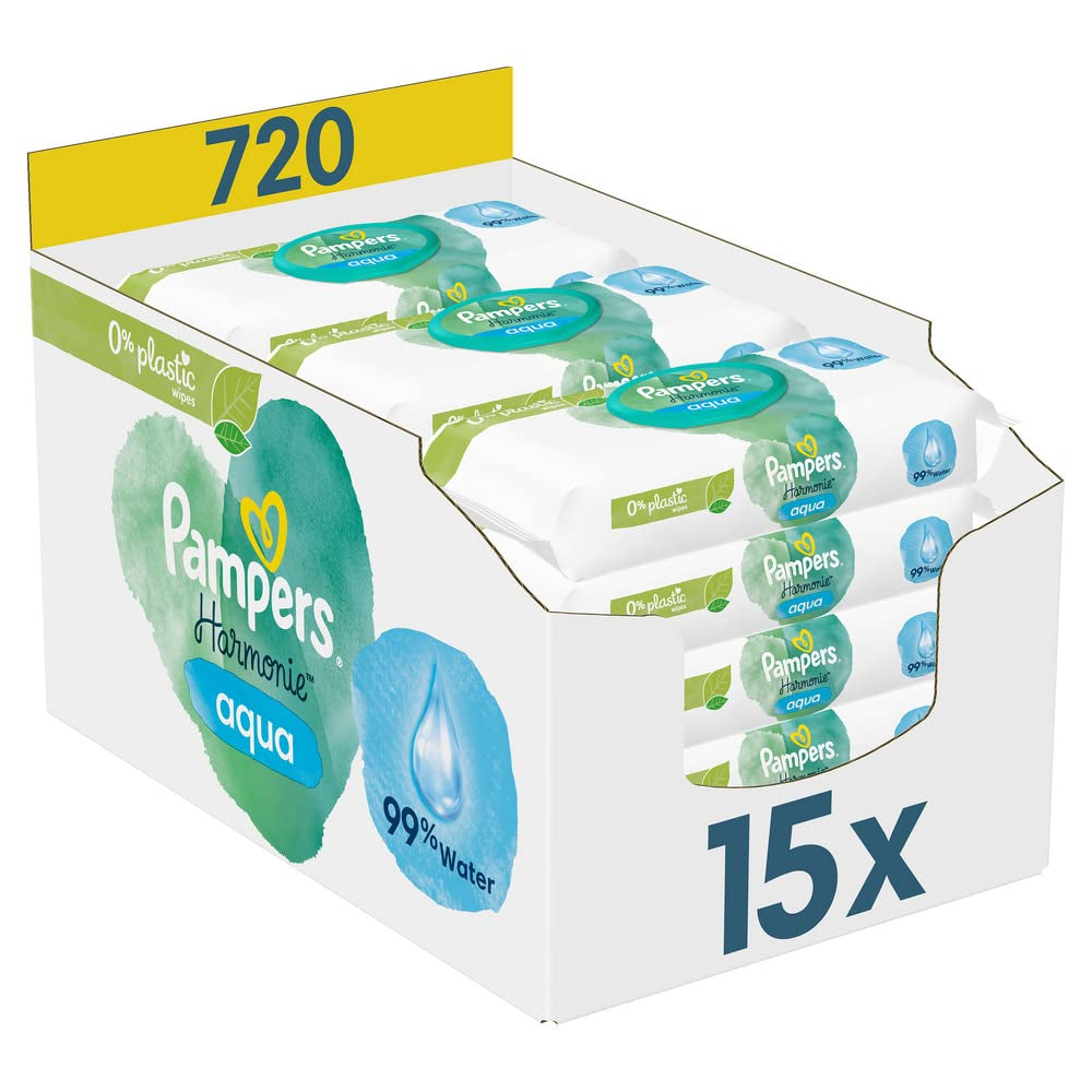 Boîte de lingettes humides Opus Ocean of Discovery et Pampers Harmony Aqua Baby, 720 lingettes (15 x 48), protection douce pour les peaux délicates avec 99 % d'eau