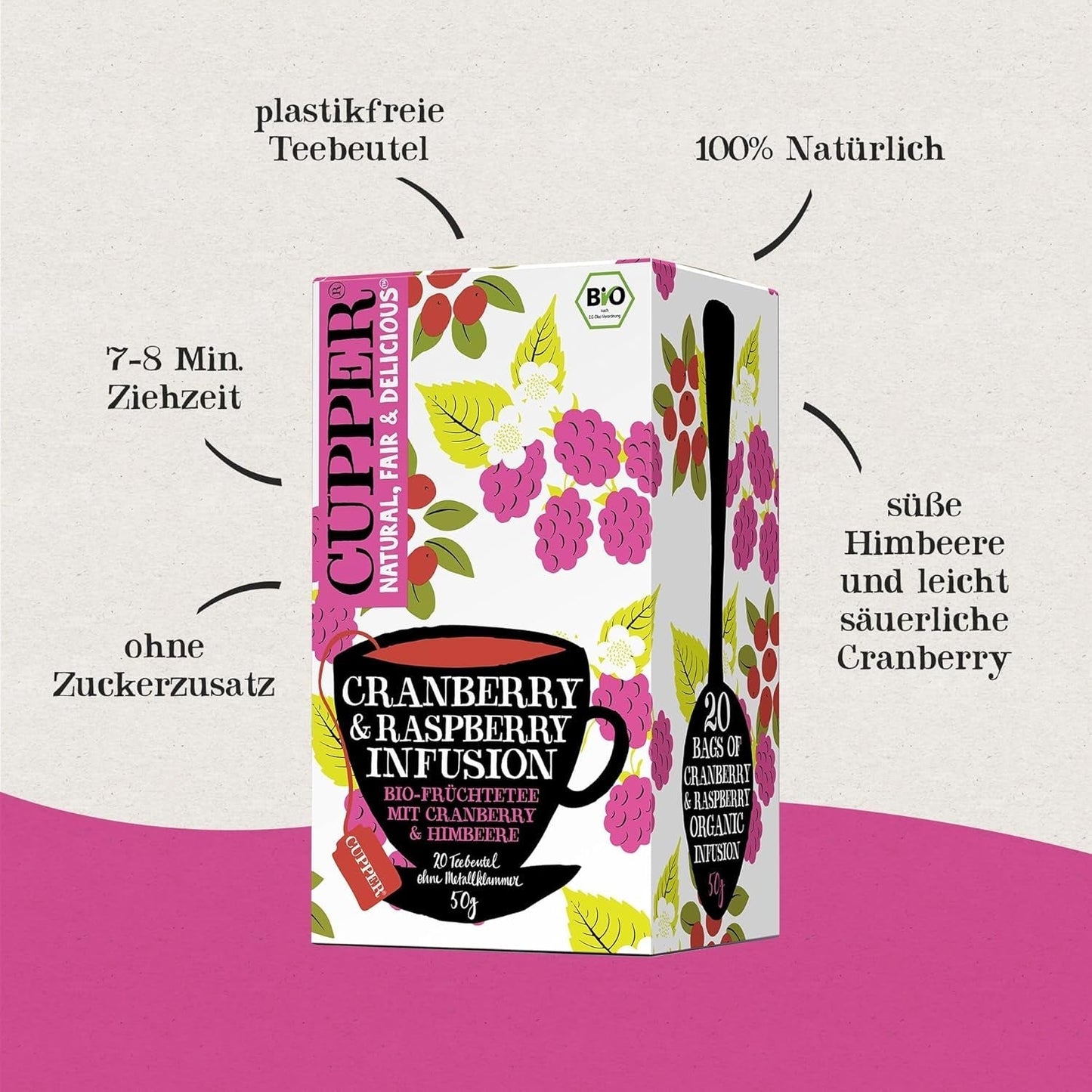 4Er Pack CUPPER Thé aux Fruits Bio "Infusion Canneberge & Framboise", 4X20 sachets de thé non blanc, bio, commerce équitable