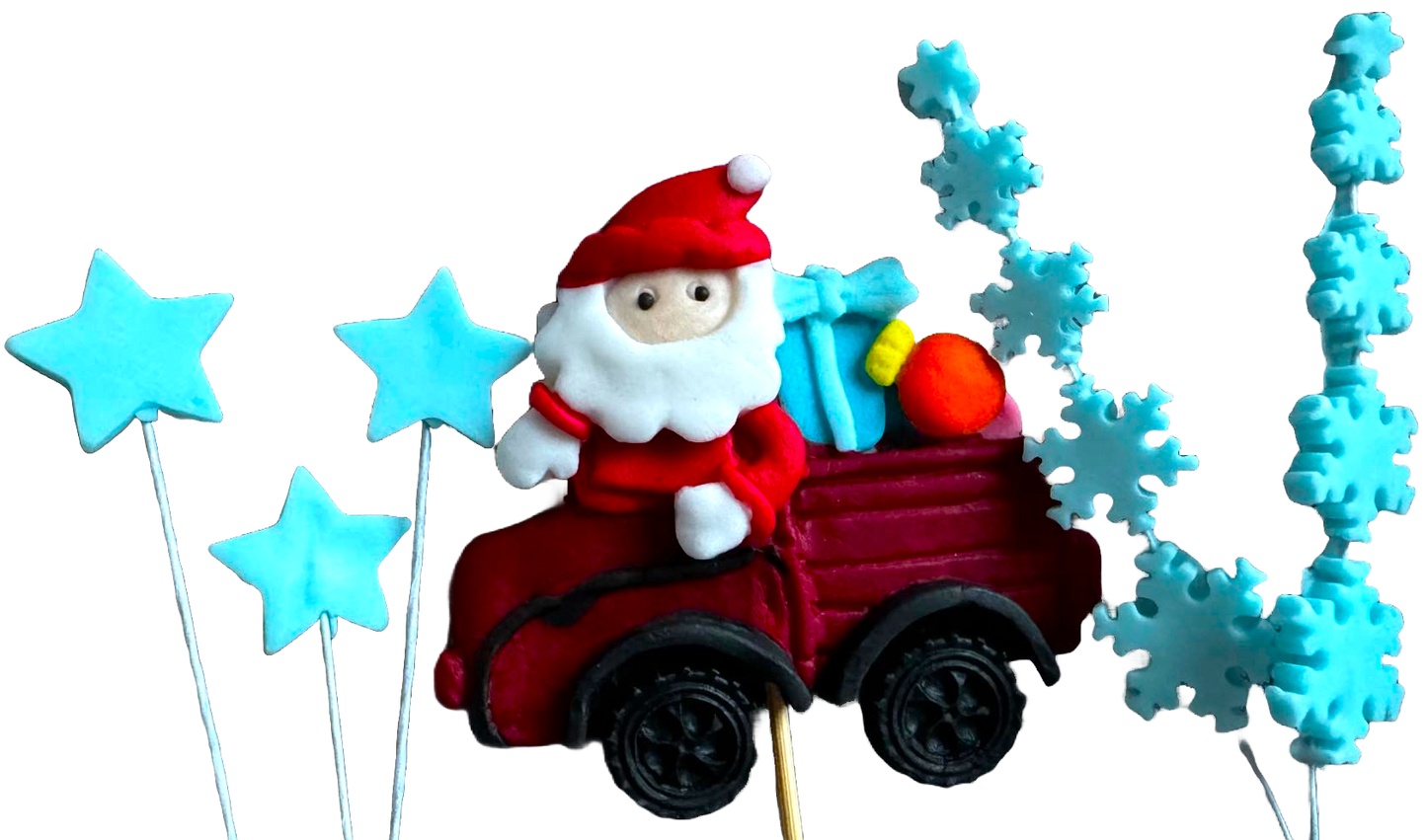 Lot de 6 décorations comestibles en pâte à sucre, Noël, voiture du Père Noël, étoiles et flocons de neige Décorations en Pâte à Sucre Naty Shop