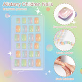 72 pièces d'ongles pré-collés pour enfants, couverture complète, paillettes, dégradé de couleur, nœud, ongles artificiels courts, excellent cadeau pour enfants filles, Nail Art - Paillettes arc-en-ciel
