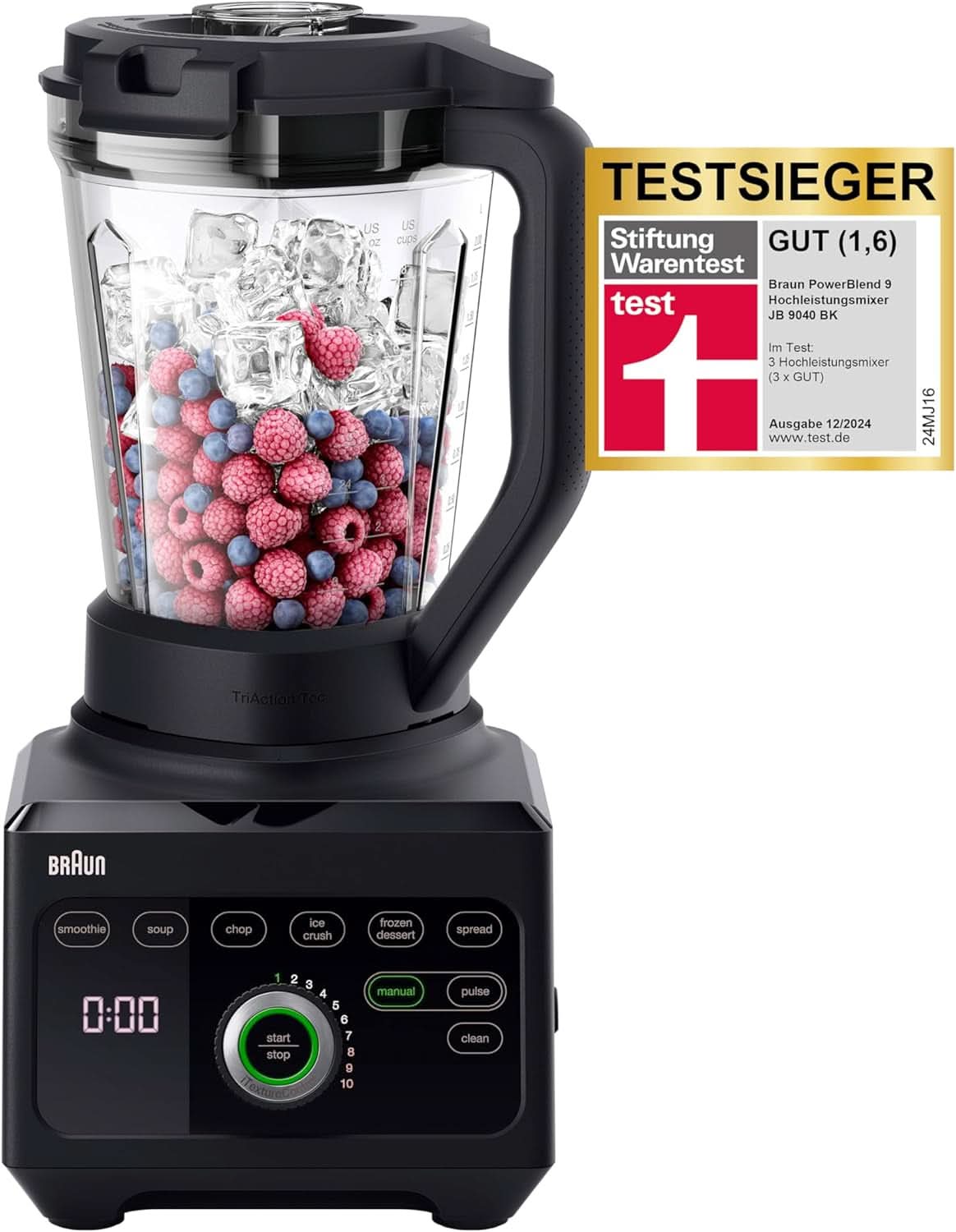 Braun Hochleistungsmixer Powerblend 9 JB9040 – Batteur sur socle avec mélangeur en verre, 18 programmes de mixage, 10 vitesses de rotation + fonction d'impulsion, fonction Heiße Suppen, programme de nettoyage, tampon, 1600 W, Schwarz Kitchen Naty Shop