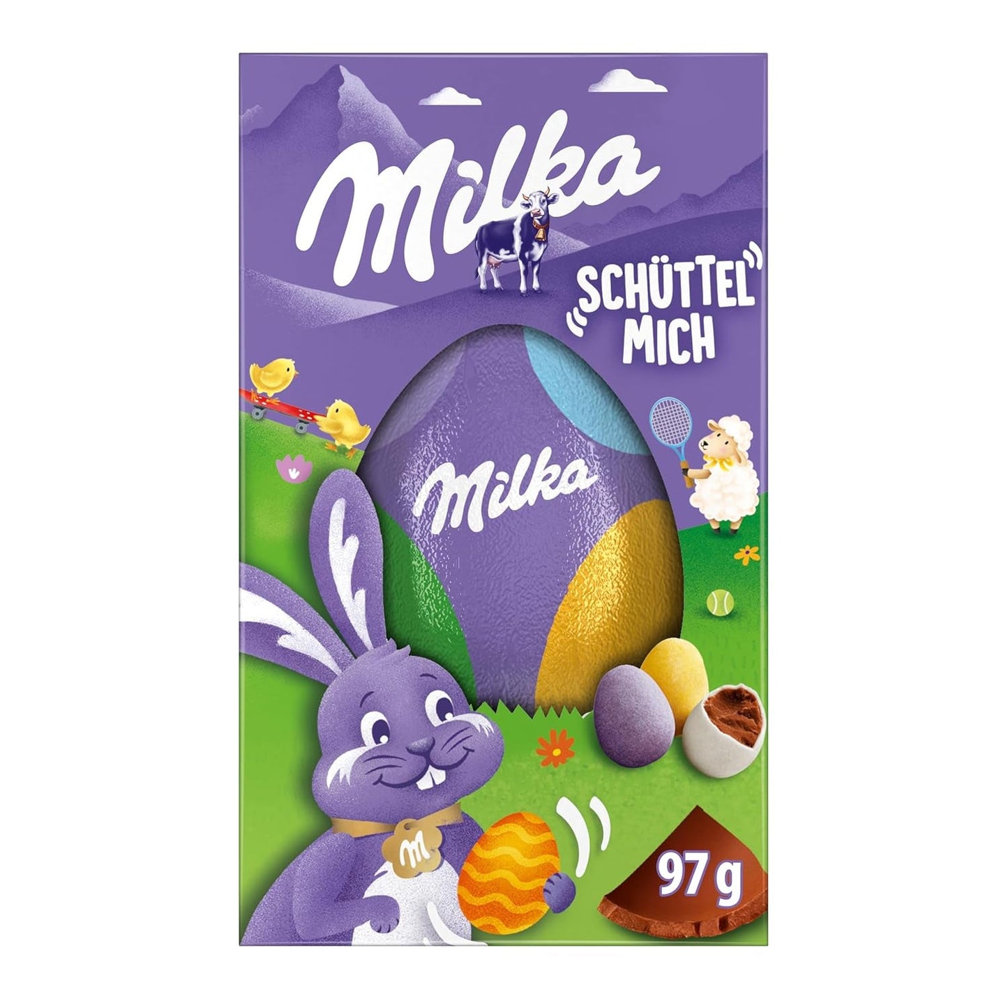 Milkshake Me Egg – œuf en chocolat fourré de mini œufs colorés en chocolat au lait alpin – 97g