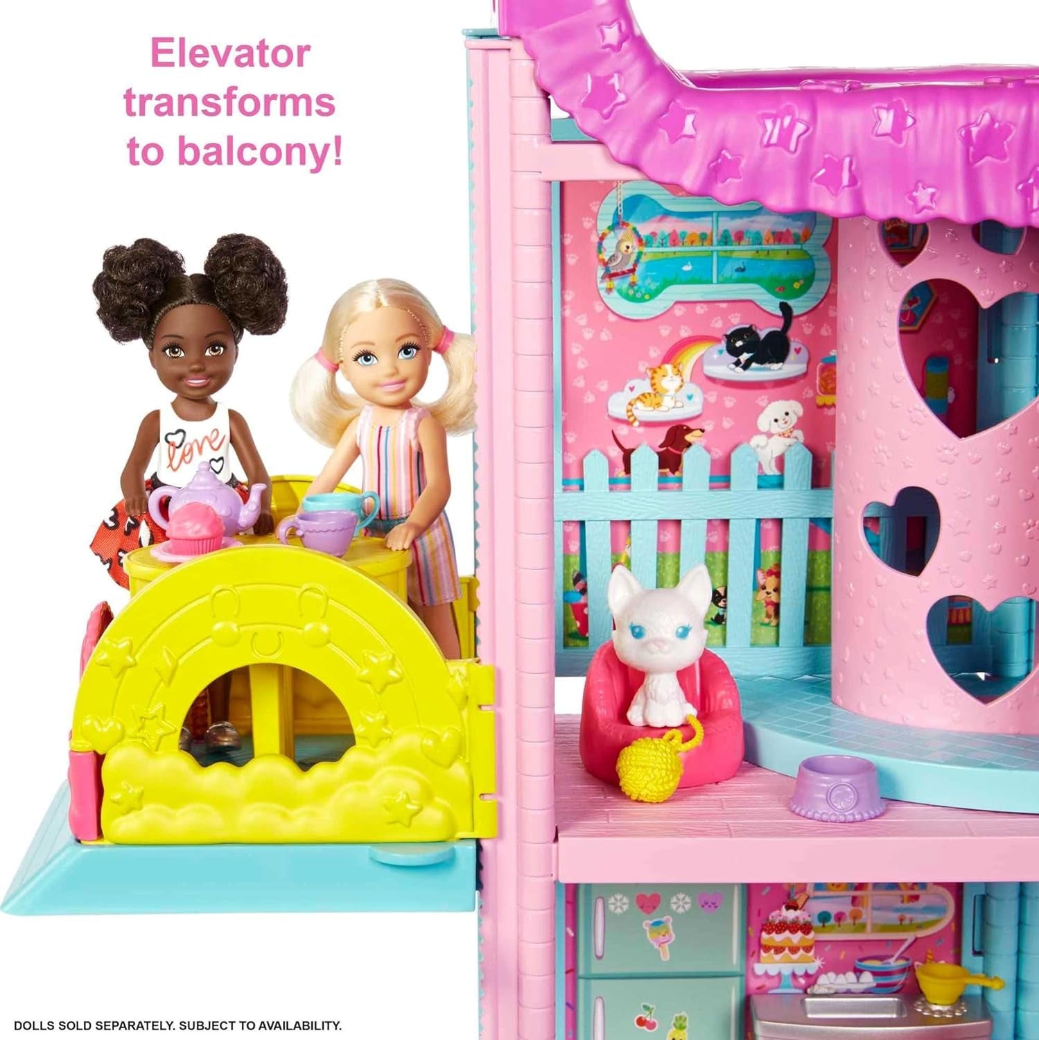 Barbie Chelsea Playhouse - 3 étages transformables, aires de jeux secrètes, ascenseur, piscine, toboggan, 2 animaux et plus de 20 accessoires, à partir de 3 ans, HHX44