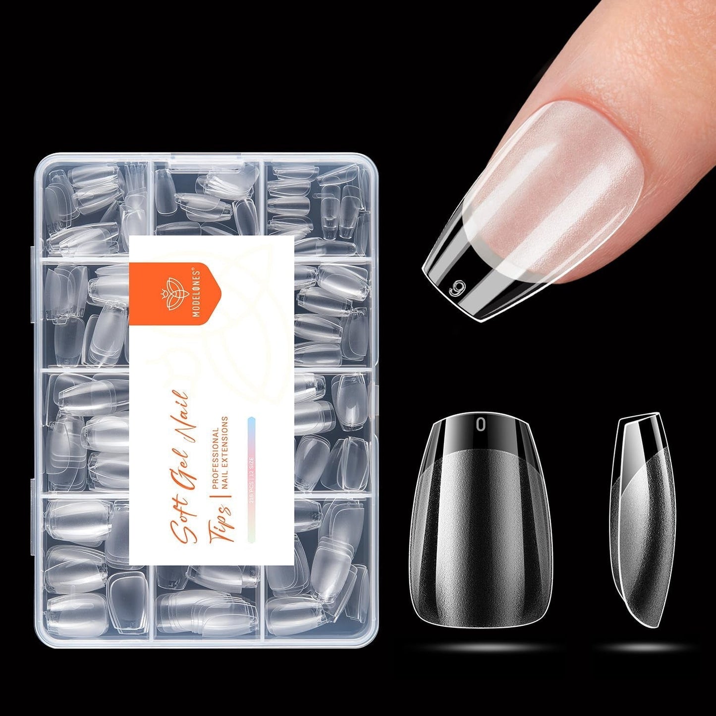 Modelones Nail Tips 216 pièces – Ensemble de pointes d'ongles à couverture complète, ensemble de pointes en gel souple, pointes d'ongles en résine PMMA pré-polissage, colle DIY sur ongles artificiels Nail Art, amandes courtes XS