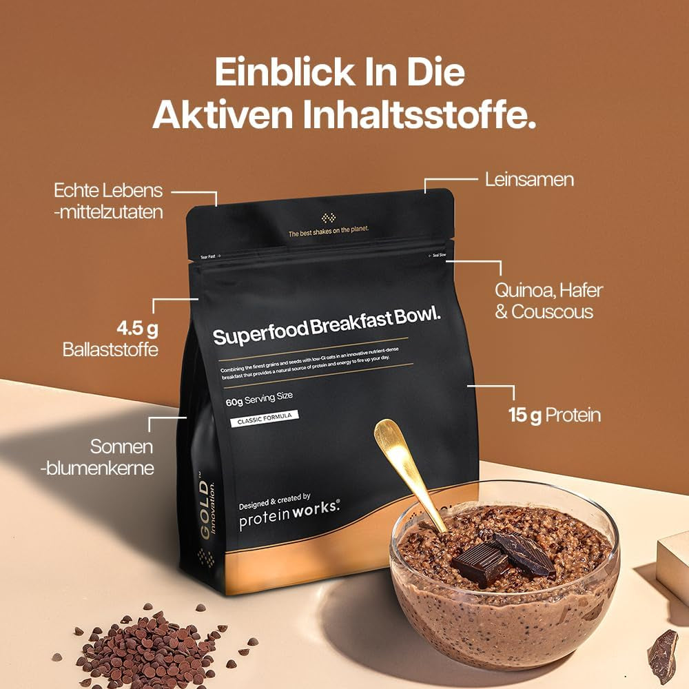 Les protéines fonctionnent | Superfood Breakfast - GOLD Innovation, céréales primées, muesli protéiné, riche en nutriments avec céréales, graines et avoine, riche en fibres, pomme et cannelle, 10 portions, 600 g