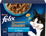 Felix Sensations Sauces Nourriture humide pour chat, mélange de poissons assortis, paquet de 6 (6 x 12 sachets de 85 g chacun)