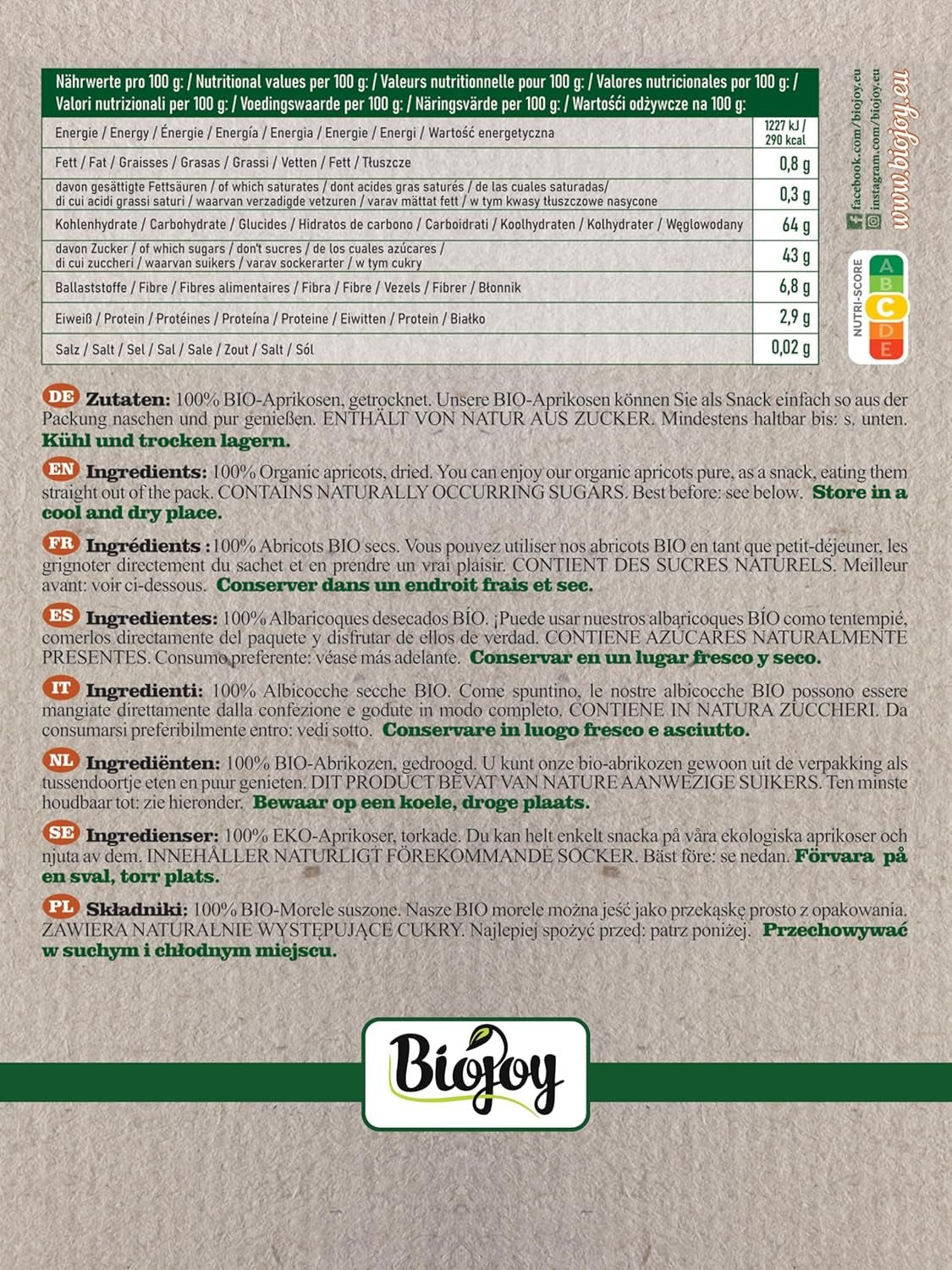 Abricots secs Biojoy (500 g), sans soufre Produits déshydratés Mon magasin