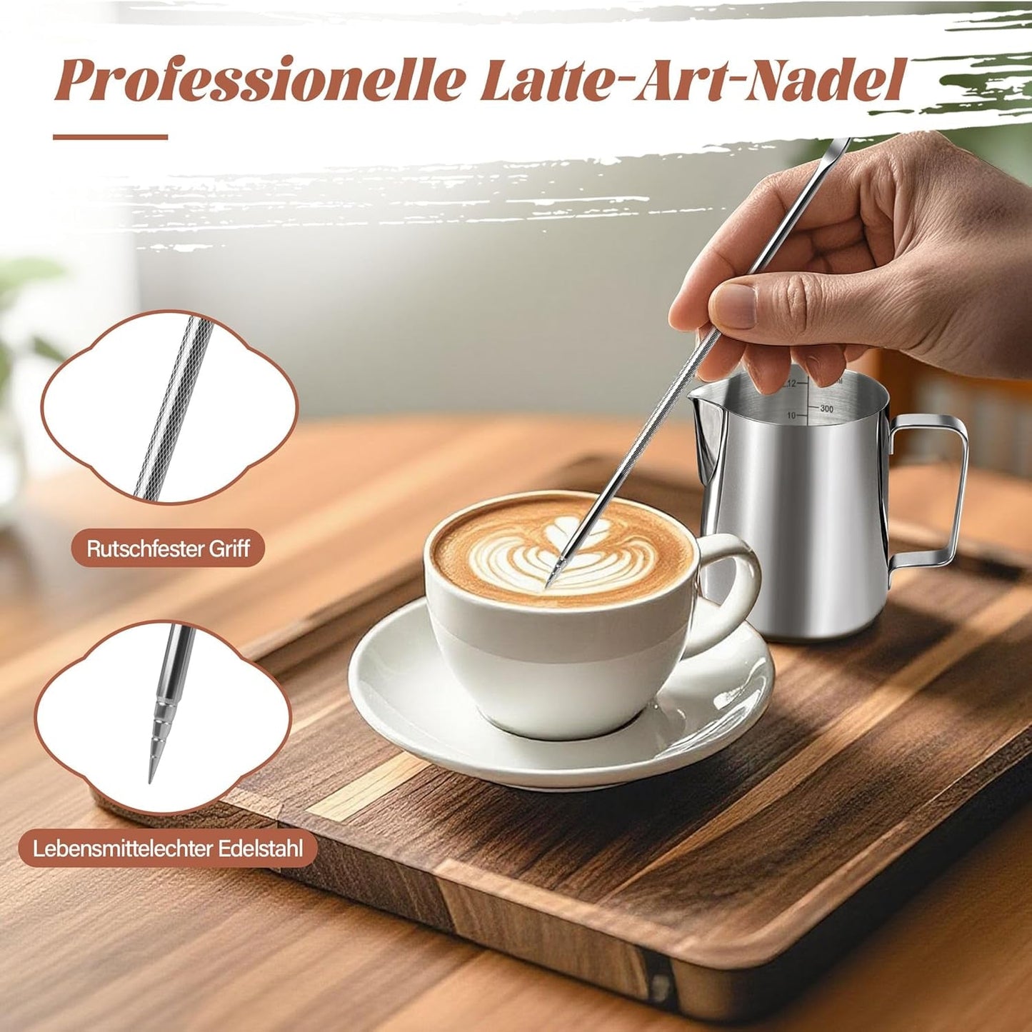 Tasse à lait, tasse à lait en acier inoxydable de 350 ml avec marque de mesure, accessoire Barista, tasse à lait pour cappuccino, expresso, latte art, amateurs de café, argent, 355 ml