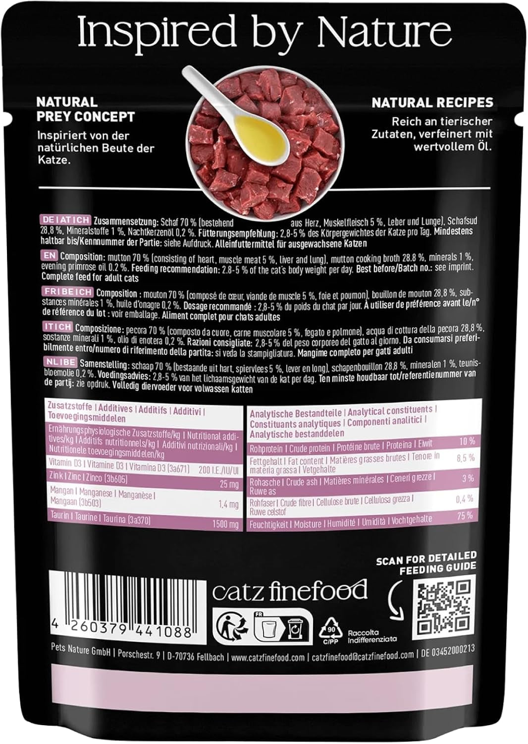 Nourriture humide pour chats Catz Finefood Purrrr Sheep Monoprotein no. 113, pour chats à digestion sensible, 70% de viande, 16 sachets de 85 g chacun