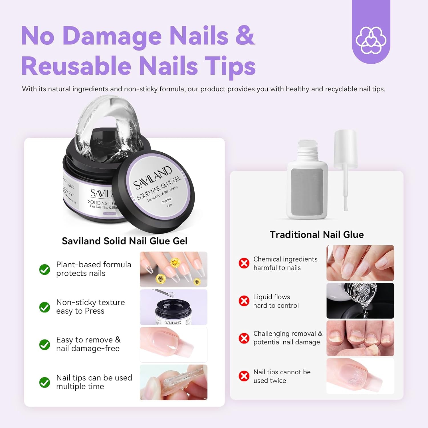 Saviland Colle solide pour pointes d'ongles : 2 pièces 15 g de colle artificielle extra forte à pression sur les ongles, colle UV gel pour femmes, salon de maison, bricolage, lampe UV/LED durcie