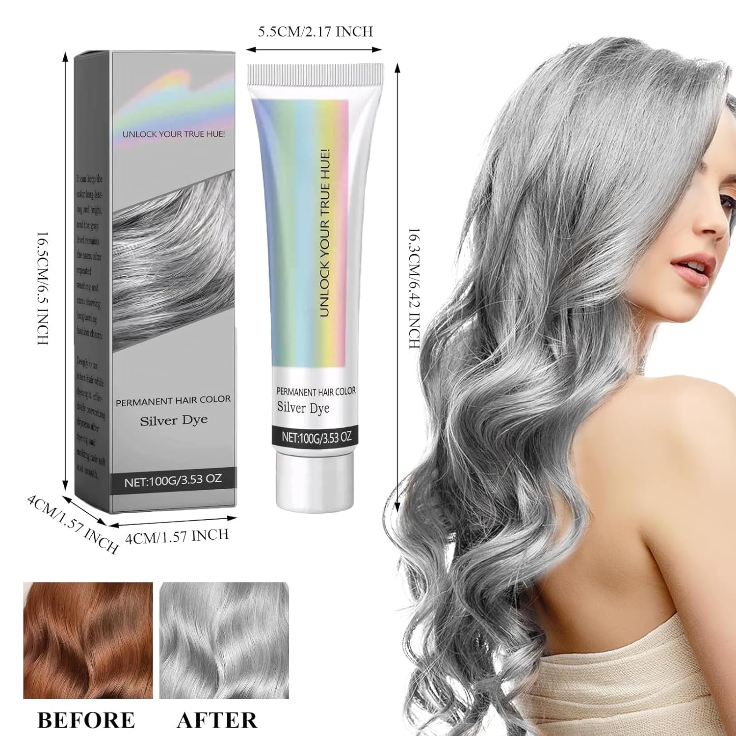 Teinture pour cheveux Gris Argent Crème de teinture pour cheveux gris argent naturel, Crème de teinture pour cheveux gris Gris argent, Crème de teinture pour cheveux naturelle gris argenté Teinture pour cheveux gris pour tous les types de cheveux avec 1 masseur de cuir chevelu (100 ml) Teinture pour cheveux Naty Shop