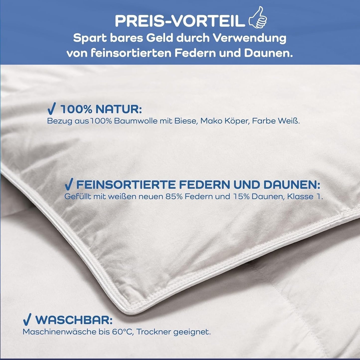 Couette Allnights Couette moyenne 135 x 200 100 % plumes et duvet neufs, hypoallergénique, lavable jusqu'à 60 °C, fabriquée en Allemagne, couettes et couettes blanches Naty Shop