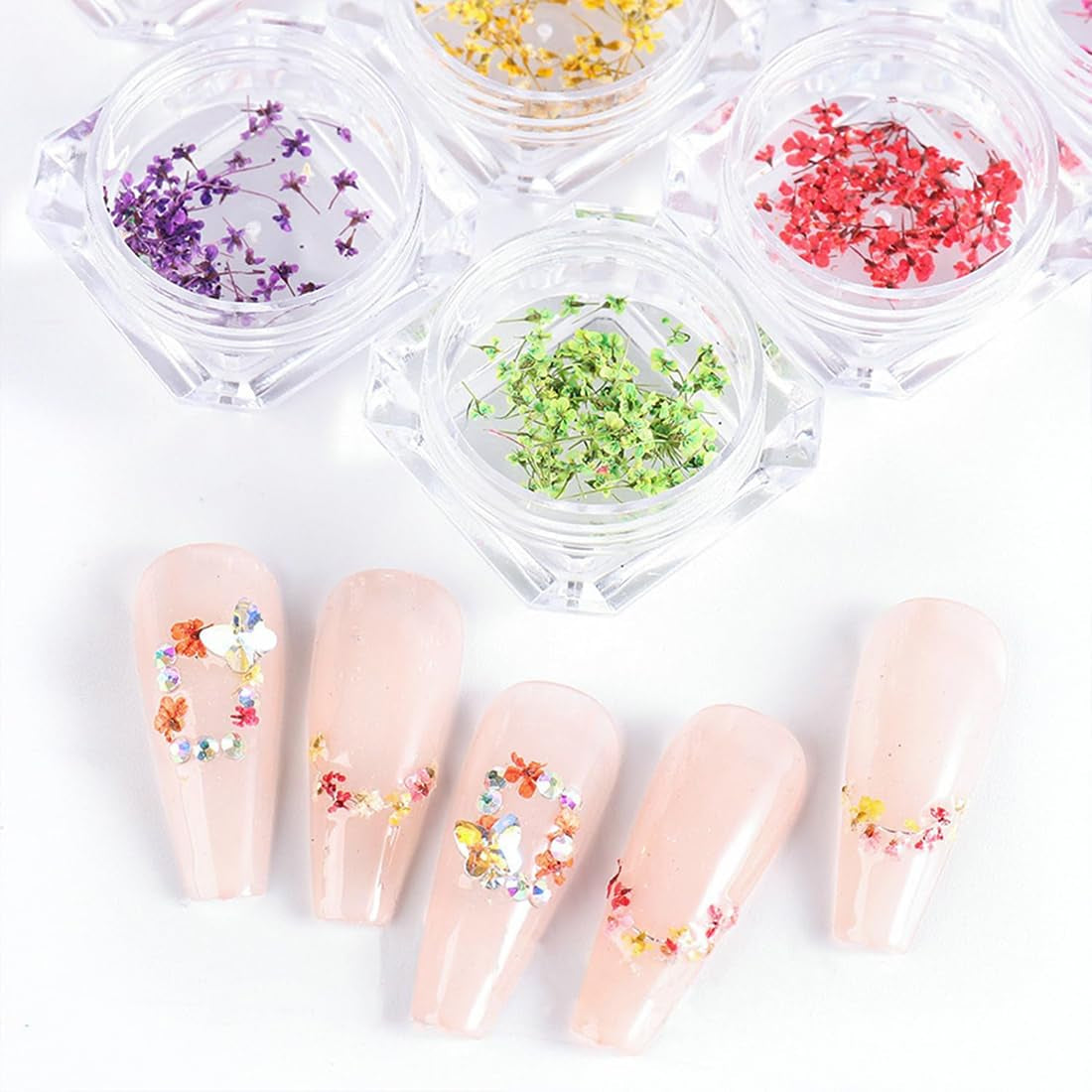 EYVRPAU 6 pièces Nail Art Fleurs Set Décoration, Gelnägel Zubehör 6 Farben, Nail Art Aufkleber Trockene Blumen Kit Getrocknete Blumen Zubehör Set DIY Nageldekoration