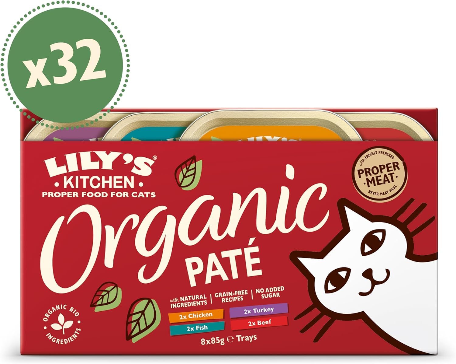 Lily's Kitchen Nourriture humide pour chat adulte avec ingrédients naturels, paquet multi-plateaux, biologique, sans grains, 4 x (8 x 85 g)