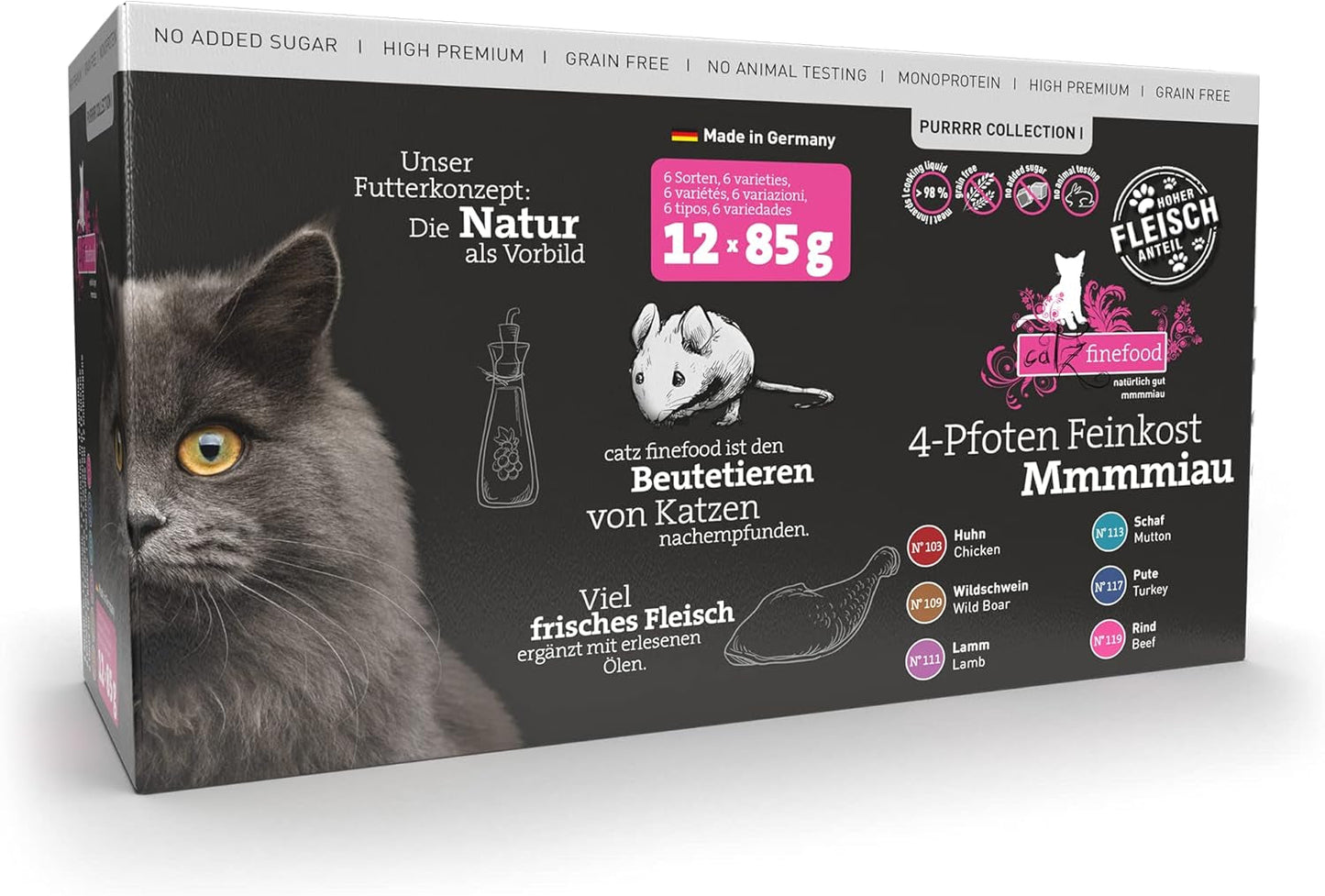 Catz Finefood Purrrr Collection I - Nourriture humide monoprotéinée pour chats - Sans céréales, sans sucre, hypoallergénique - Haute teneur en viande - Multipack de nourriture humide pour chats - En sachets, 85 g (12 paquets)