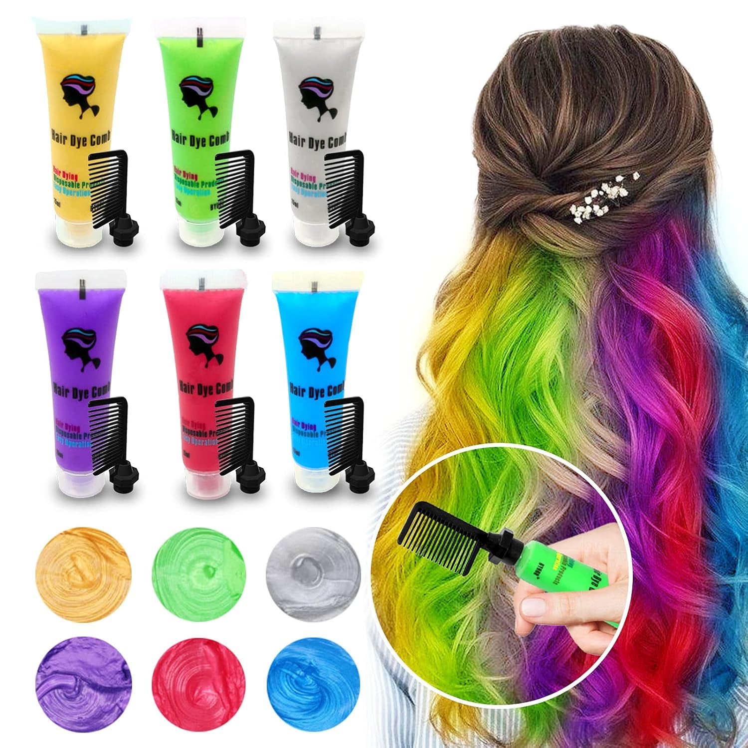 Byhoo 6PCS Teinture capillaire temporaire pour cheveux noirs, craie pour cheveux, teinture capillaire lavable, idée cadeau pour les filles, cadeau d'anniversaire pour les adolescentes. Teinture capillaire Naty Shop 01