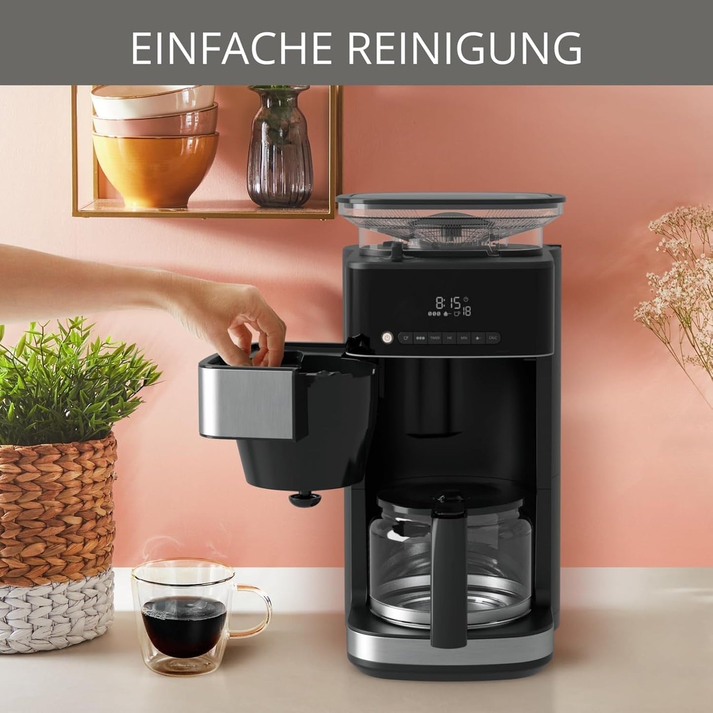 Machine à expresso Krups KM8328 Grind avec broyeur | Minuterie 24 heures | Contenant à céréales 180 g | Capacité 1,25 l pour jusqu'à 15 tasses de café | Fonction de mise hors tension automatique | 3 réglages de mouture | Noir