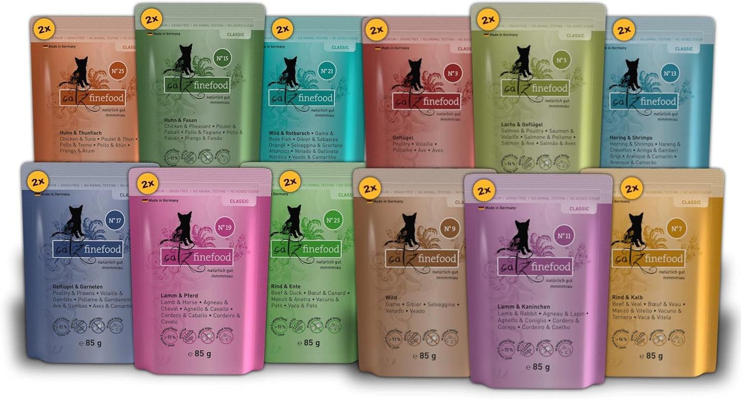 Catz Finefood Classic Collection Mixed Pack Nourriture humide pour chat - Nourriture humide gourmande pour votre chat, sans céréales et sans sucre, à haute teneur en viande, 24 sachets x 85 g