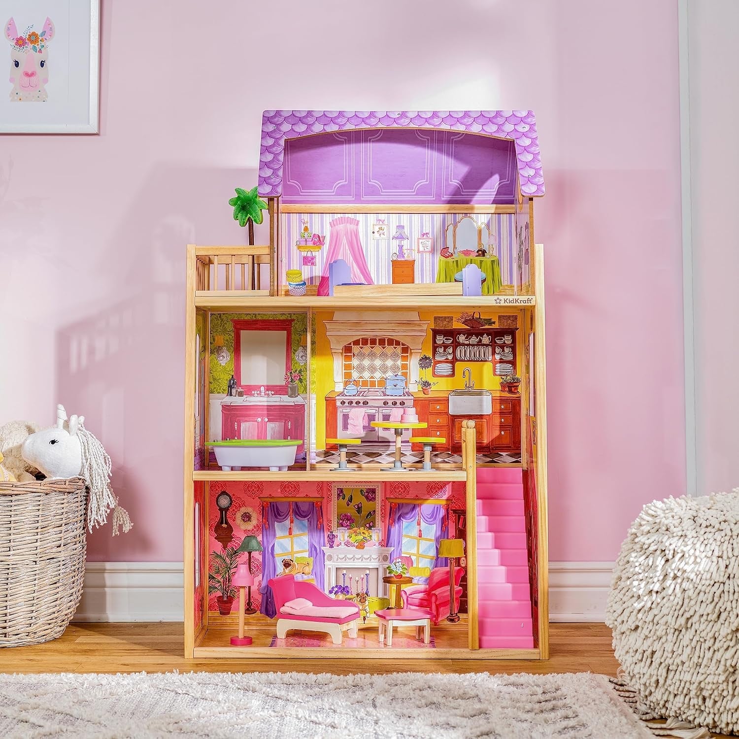 KidKraft Kayla Maison de poupée en bois avec meubles et accessoires, ensemble de jeu à 3 niveaux pour poupée de 30 cm, jouet pour 3 ans et plus, 65092 - Exclusivement sur Amazon