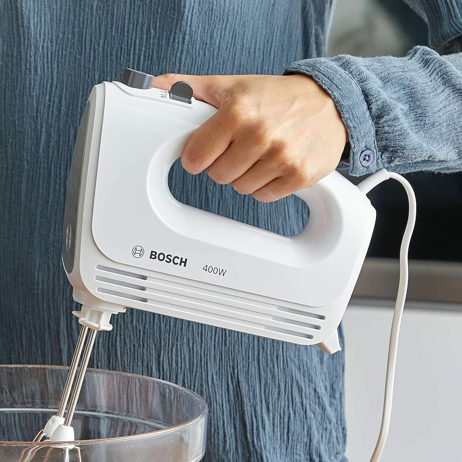 Bosch Hausgeräte Handrührer Clevermixx MFQ24200, 2 Rührbesen, 2 Spülmaschinengeeignet, 4 Stufen, Leicht, Leise, 400 W Blanc/Edelstahl Cuisine Naty Shop