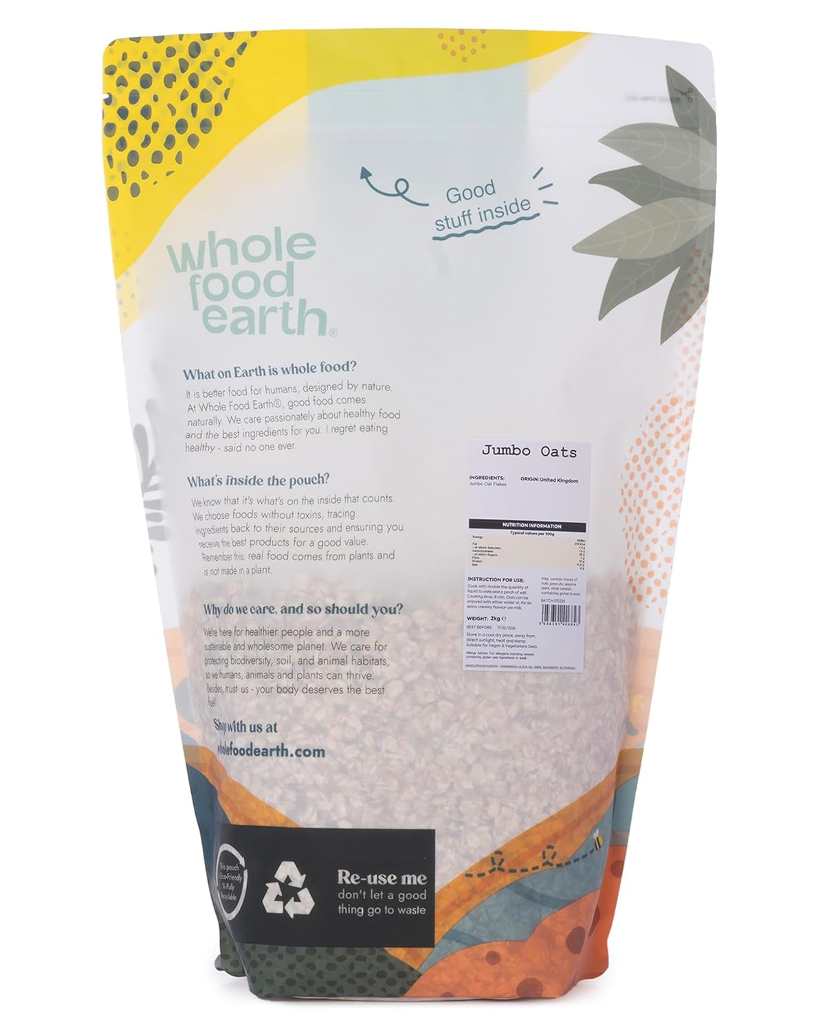 Gruau Jumbo Wholefood Earth - Sans OGM - végétalien - sans produits laitiers - sans sucre ajouté 2 kg
