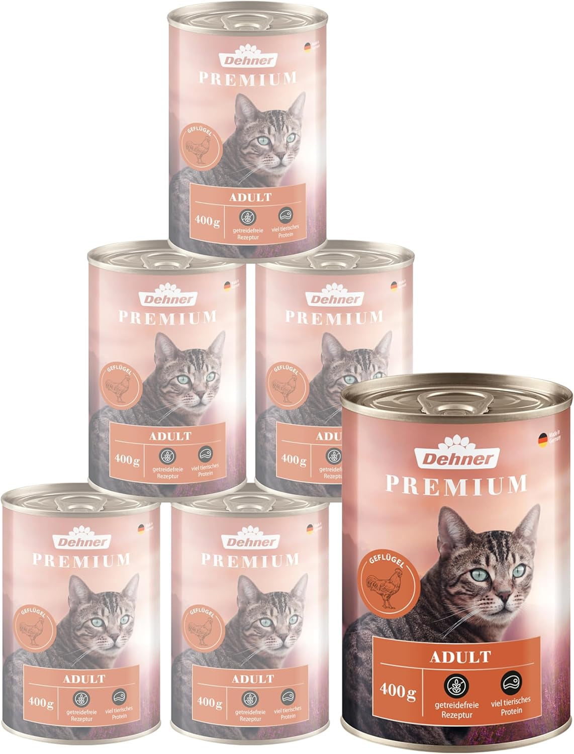 Dehner Premium nourriture humide pour chat, sans céréales, pour chat adulte, volaille, 6 boîtes de 400 g (2,4 kg)