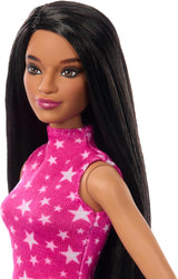 Poupée Barbie Fashionistas no. 215 avec haut à motif étoile rose cheveux noirs raides et jupe irisée poupée de mode à collectionner 65e anniversaire HRH13 Naty Shop Dolls
