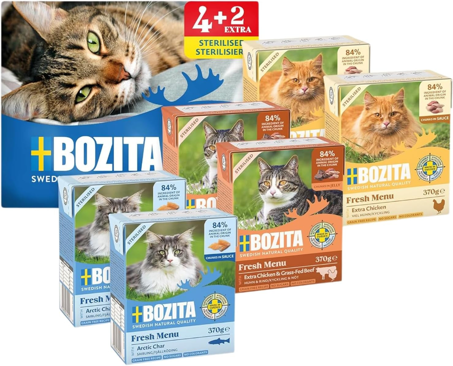 Pack d'essai Bozita Tetra en sauce avec beaucoup de poulet, charbon de bois et beaucoup de poulet et de bœuf en gelée - 4+2-6x370g Aliment sans céréales et sans sucre pour chats stérilisés avec 7,5% de protéines et 5% de matières grasses