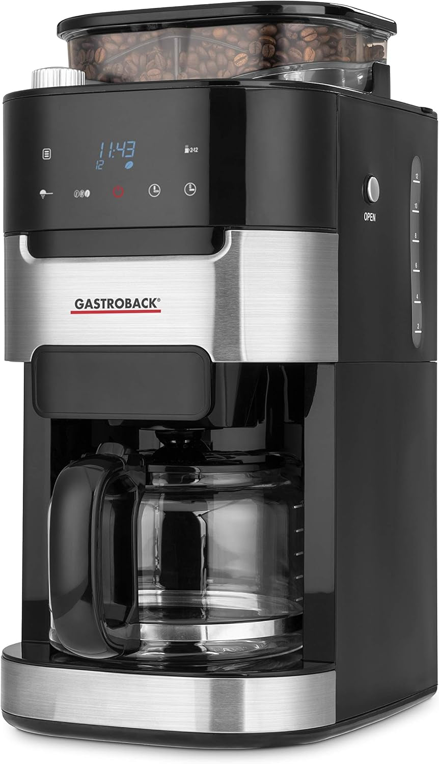 GASTROBACK 42711 Grind & Brew Pro Machine à café expresso, machine à café expresso avec filtre et broyeur intégrés, broyeur conique avec 8 réglages de mouture, écran tactile LCD, plastique