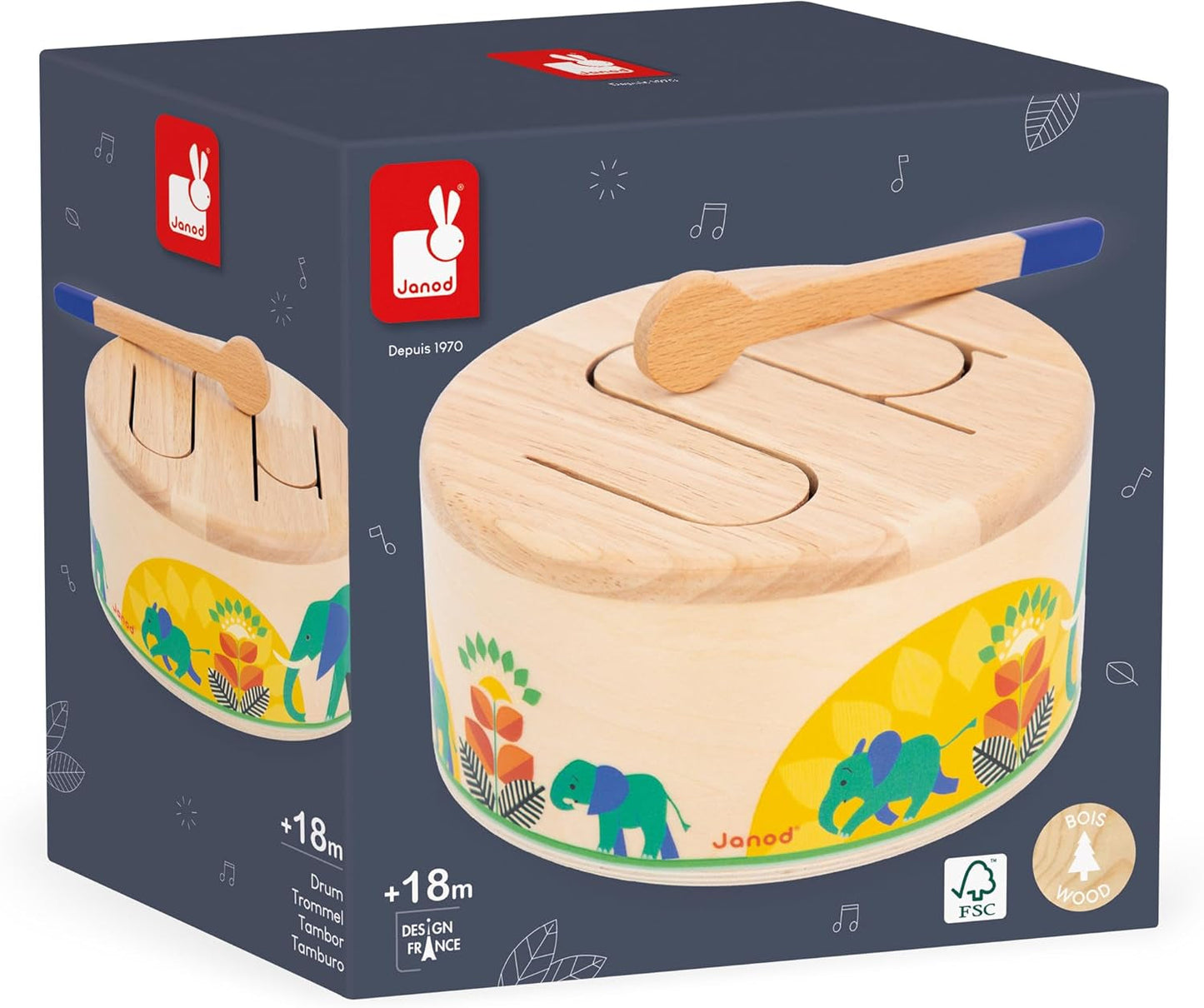 Janod - Tambour Gioia - Tambour + tambour en bois FSC - Jeux de rôle et éducation musicale précoce - Aquarelle - Dès 18 mois, J07650 Bebe Toys Naty Shop
