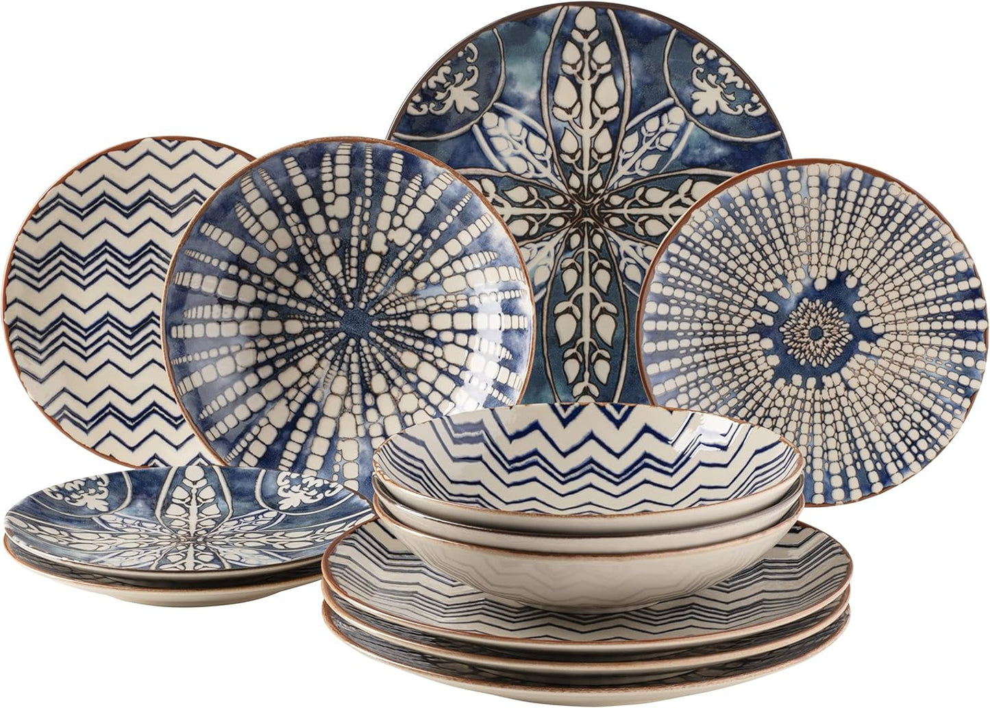 MÄSER 934017 Service de table ibérique bleu pour 4 personnes, 12 pièces, style mauresque, différents designs vintage en blanc et bleu, céramique