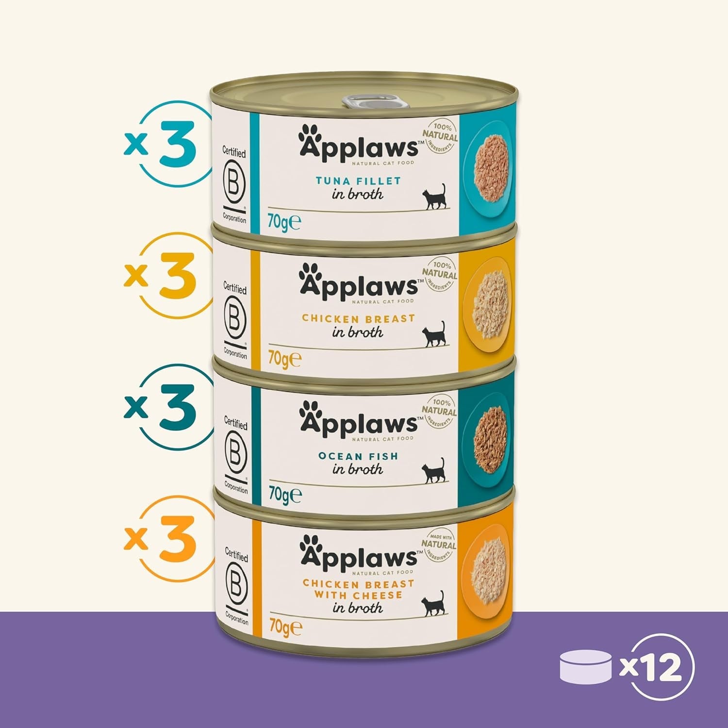 Applaws Nourriture humide 100 % naturelle de qualité supérieure pour chats adultes en bouillon – Thon, poulet, fruits de mer, sélection mixte en bouillon – Lot de 12 boîtes x 70 g